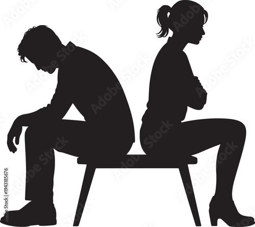 Couple sitting back to back on chairs disagreement relationship  silhouette