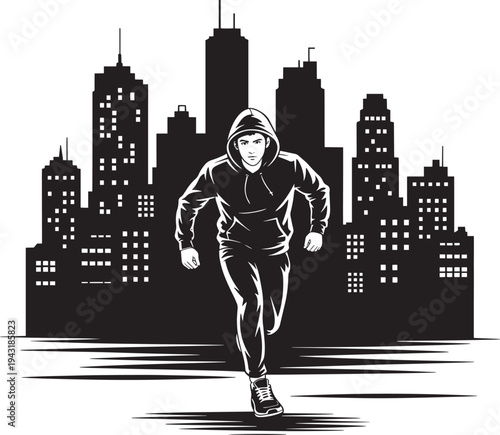 Front view of man running in urban setting, city buildings creating a skyline
