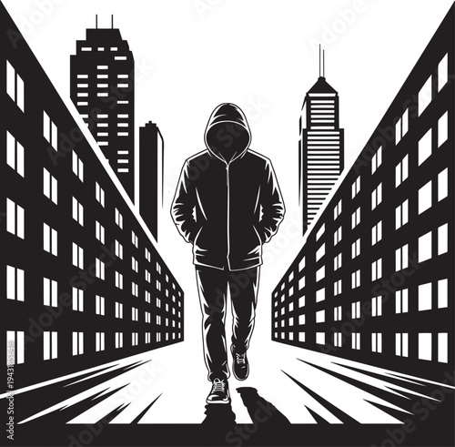 Hooded figure walks city street between tall buildings in urban landscape vector illustration