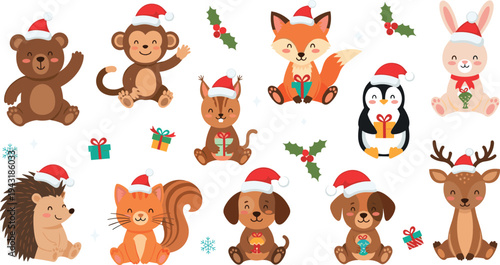 Cute Christmas animals cartoon collection with bear monkey fox rabbit penguin dog deer squirrel vector illustration set