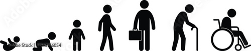 Human Life Stages Icon Set Showing Baby Crawling Child Adult Worker Elderly With Cane and Wheelchair Aging Process Concept Vector Illustration