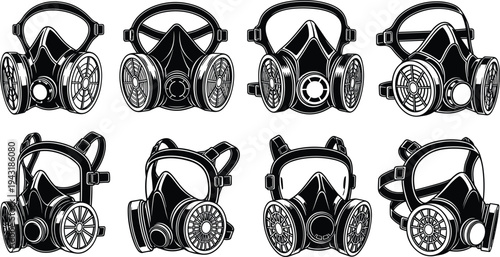Protective respirator gas mask collection vector illustration, industrial safety breathing masks with filters isolated for hazardous environment protection, chemical safety equipment design