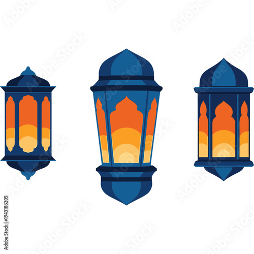 Islamic Lanterns: Three intricately designed blue and orange Islamic lanterns hang, emitting a warm glow, evoking a sense of cultural tradition and festive celebration.