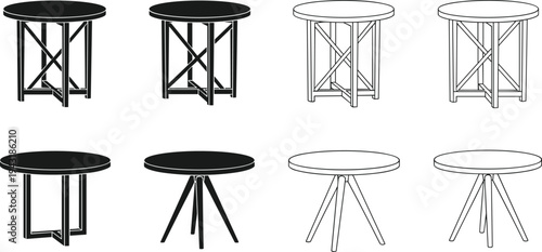 Round table furniture icon set with modern and classic table designs in silhouette and outline style, interior furniture vector collection isolated on white