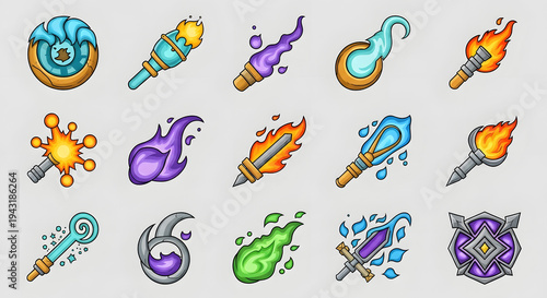 set of colorful elemental fantasy vector symbols