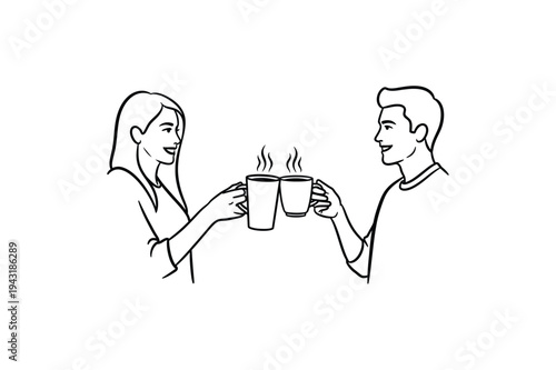Happy Couple Toasting with Coffee Mugs Friendship and Love Line Art Vector illustration.