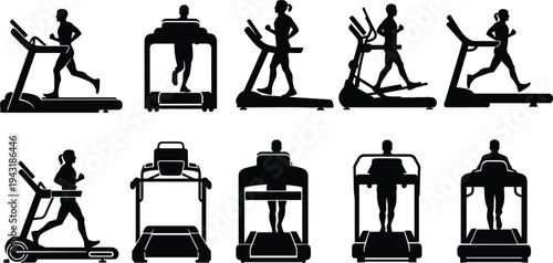 Treadmill running workout silhouettes collection, men and women exercising on fitness machines vector icons set for gym training, cardio workout, healthy lifestyle concept