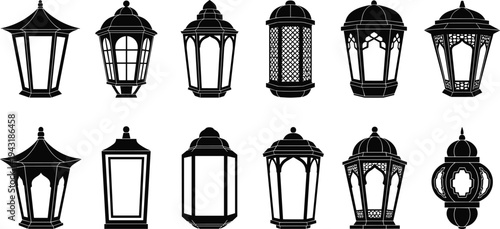 Traditional decorative lantern collection silhouette vector set, vintage street lamp and oriental lantern designs isolated, classic lighting elements illustration for cultural and architectural themes