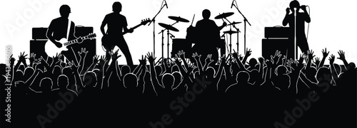Black and white silhouette of live rock concert with band performing on stage, guitarist, bassist, drummer, vocalist, cheering audience crowd