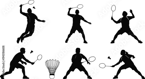 Badminton player silhouettes collection, men and women playing shuttlecock, badminton sport action poses, racket game vector illustration set