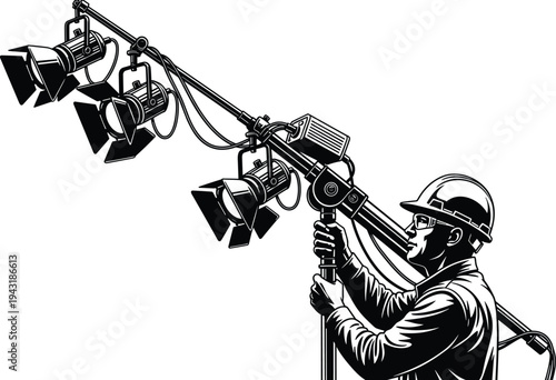 Stage lighting technician operating professional studio lights on stand, detailed vector illustration for film production, theater lighting setup, entertainment industry equipment and crew work