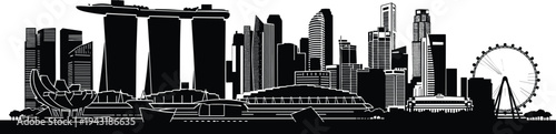 Black and white silhouette of Singapore skyline featuring Marina Bay Sands, ArtScience Museum, Singapore Flyer, modern skyscrapers, central business district architecture