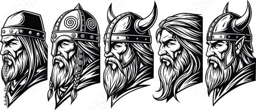 Viking warrior head collection with horned helmets detailed engraving style vector illustration, Norse mythology warriors profile set isolated for medieval history and fantasy design
