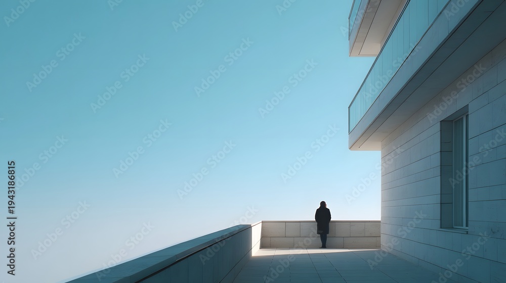 Fototapeta premium A solitary figure stands on a minimalist modern balcony looking out at a vast clear blue sky