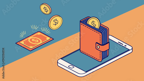 Digital wallet illustration with smartphone displaying wallet and cash, featuring coins floating above, representing online payment and financial transactions
