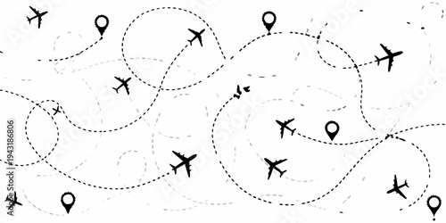 Airplanes following dotted paths with location pinpoints on white