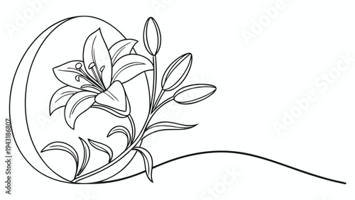 Black and white line art illustration of a lily flower with leaves and buds, featuring a circular design element in the background for decorative purposes