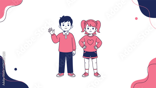 Two happy children, a boy and a girl, standing side-by-side with a friendly wave, surrounded by abstract decorative shapes.