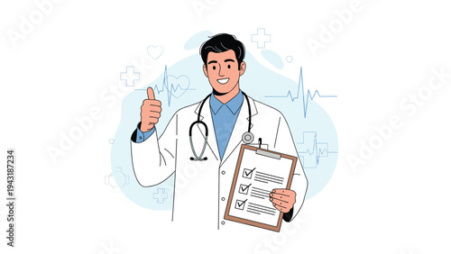 Confident smiling doctor in a white coat, giving a thumbs up gesture and holding a clipboard with a checklist, symbolizing good health and approval.