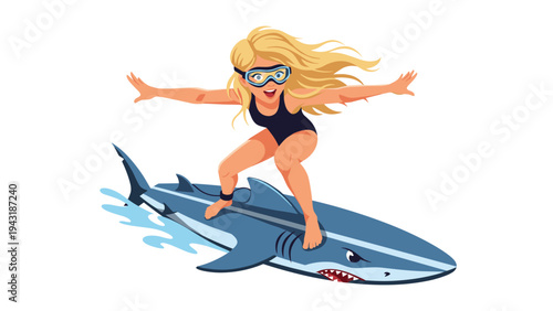 Adventurous blonde girl with goggles happily surfing on a unique shark-shaped surfboard, enjoying the thrill of the waves.