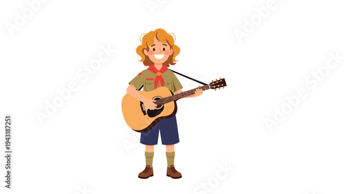 Cheerful young boy scout with curly hair, happily playing an acoustic guitar and singing during an outdoor camping activity.