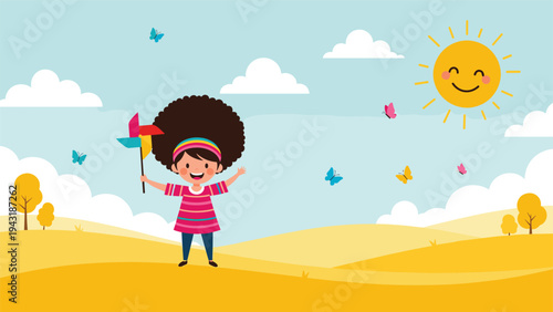 Joyful young girl with curly hair holding a colorful pinwheel, standing in a bright, sunny landscape under a blue sky with clouds.