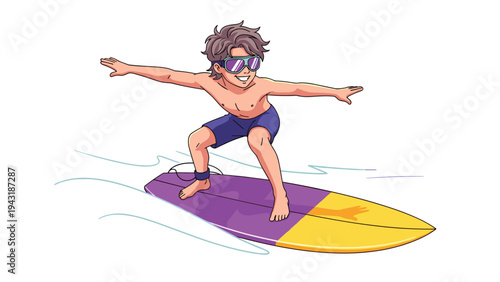 Energetic young man with stylish sunglasses happily surfing on a colorful board, enjoying the waves and summer beach activity.