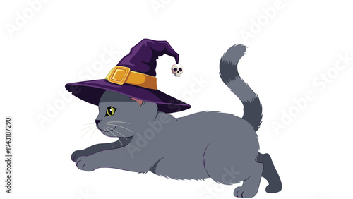 Playful gray cat wearing a spooky purple witch hat with a buckle and a small skull charm, running playfully for Halloween.