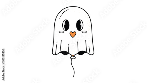Adorable ghost-shaped balloon with a sweet heart for a nose, floating cheerfully, perfect for Halloween or a fun party.