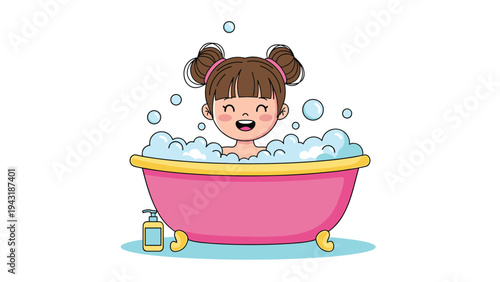 Cheerful young girl with pigtails happily playing in a pink bathtub full of bubbly foam, enjoying bath time.