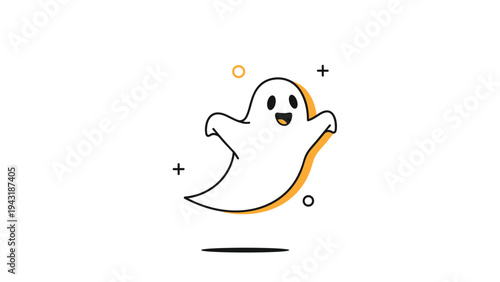 Happy cartoon ghost with a wide smile and playful abstract shapes around it, cheerfully floating in a whimsical manner.