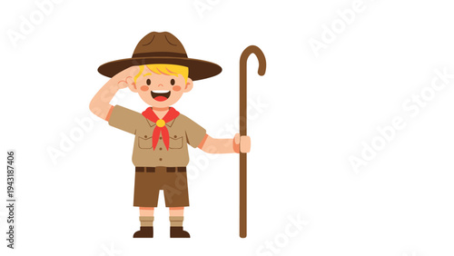 Happy blond boy scout in a traditional uniform and hat, saluting while holding a walking staff, ready for outdoor adventure.