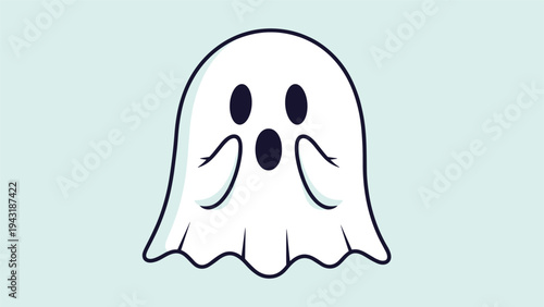 Adorable surprised ghost floating on a light blue background, perfect for Halloween designs and spooky season decorations.