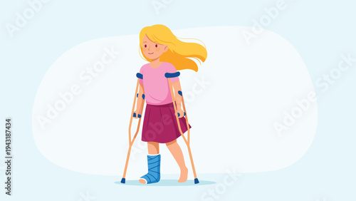 Young girl with blond hair and a cast on her broken leg, cheerfully walking with crutches, recovering from an injury.