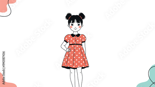 Stylish young girl with double buns and a red polka dot dress, standing confidently with one hand on her hip.