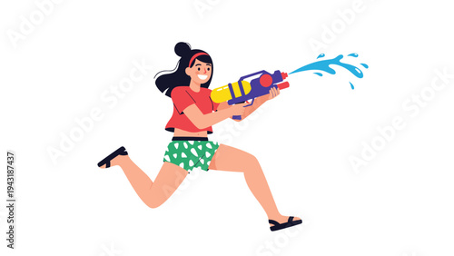 Young joyful girl running with a water gun, happily splashing water, celebrating a summer festival or playful activity.