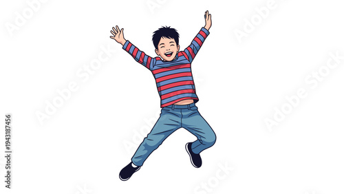 Joyful young boy with dark hair and striped shirt happily leaping into the air, celebrating with arms raised and a wide smile.
