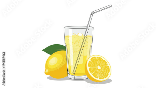 Refreshing glass of cold lemonade with ice and a straw, accompanied by fresh lemons, perfect for a summer drink concept.