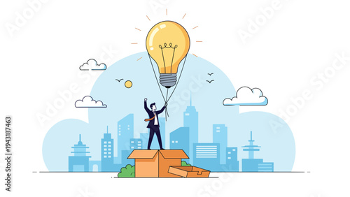 Creative businessman standing triumphantly in an open box, floating above a cityscape with a giant lightbulb hot air balloon.