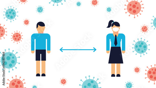 Two individuals, a man and a woman in a mask, maintaining appropriate social distance amidst virus particles, symbolizing health safety.