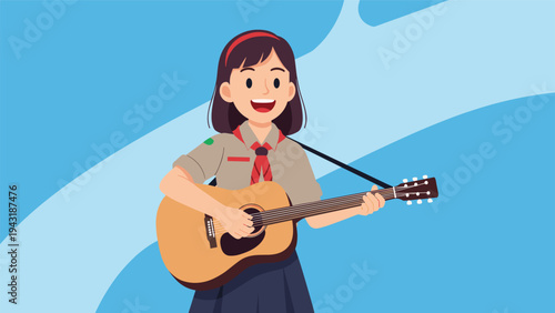 Enthusiastic young girl scout with dark hair, playing an acoustic guitar and singing cheerfully against a dynamic blue background.