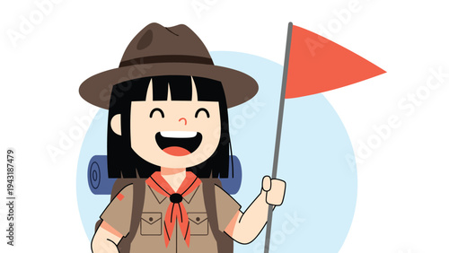 Cheerful young girl scout with a backpack, hat, and a red neckerchief, happily holding a red flag and smiling widely.