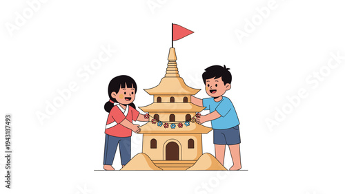 Two happy children collaborating joyfully to construct an elaborate sandcastle on a sunny beach day, symbolizing teamwork and creativity.