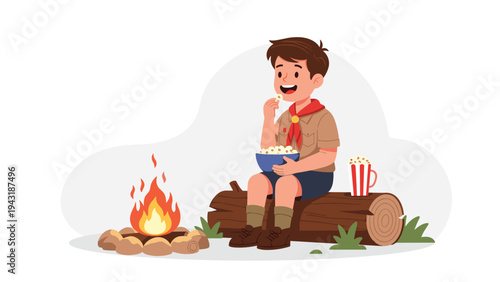 Happy boy scout sitting on a log by a warm campfire, enjoying popcorn during a cozy and adventurous outdoor camping trip.