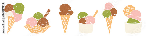 Set of hand drawn Gelato illustration. Cute Italian Gelato collection with waffle cones, cups, sundae bowls, scoops.