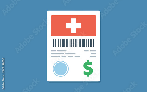 A flat illustration depicting a medical document with a red cross and a green dollar sign symbol