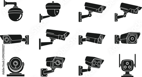 CCTV security camera icon set, surveillance monitoring system, video protection technology, solid glyph vector collection, safety equipment, security devices, monitoring illustration