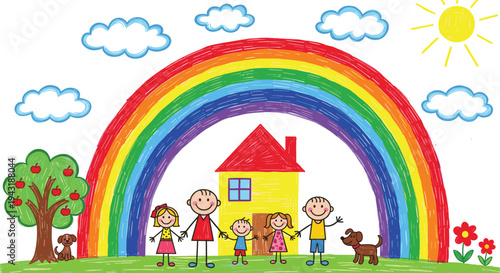 Happy family drawing with colorful rainbow house apple tree and pets in kids doodle style isolated on white background for childhood concepts