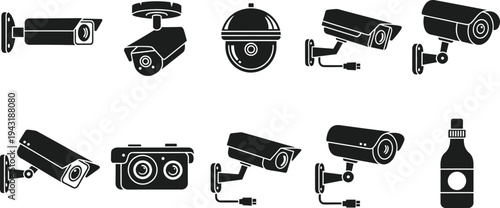 CCTV security camera icon set, surveillance monitoring devices collection, dome and bullet cameras, video protection technology symbols, black silhouette security equipment illustration
