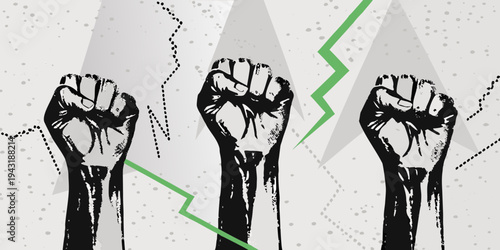 Raised fists symbolize solidarity protest and strength against a geometric background